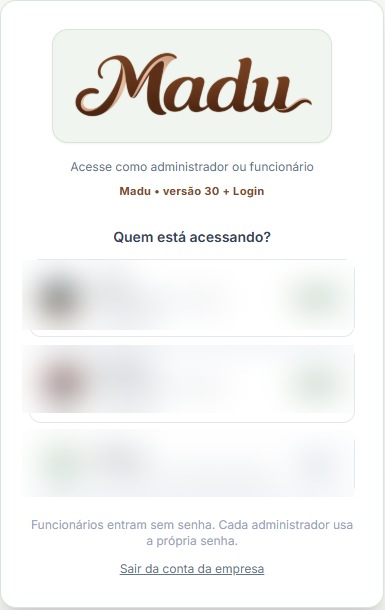 Tela real de seleção de perfil da Madu com dados pessoais ocultados